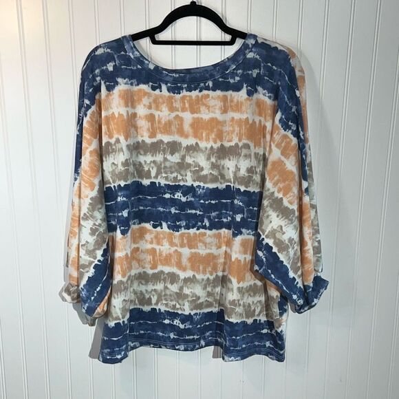 Watercolor Starburst Tye-Dye Top Women 3XLarge Mocha Blue Open Back Sweet Lovely - Picture 7 of 10